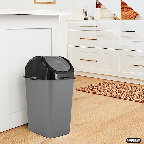 Superio Office Trash Can with Lid 9 Gallon Kitchen Garbage Can Bedroom Waste Basket 37 Qt. Swing Top Trashcan Plastic Durable Waste and Recycle Bin (2, Grey/Black) - size: 9 Gallon
