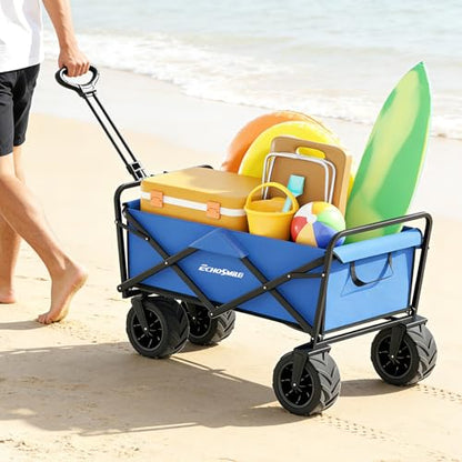 EchoSmile Heavy Duty 350 Lbs Capacity Collapsible Wagon, Outdoor Folding Camping Grocery Portable Utility Cart, Adjustable Rolling Carts, All Terrain Sports Wagon with Big Wheels (Blue) - color: Blue
