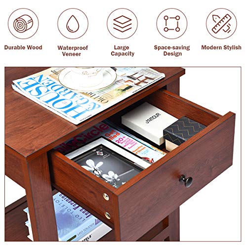 Giantex Nightstand Set of 2, Wooden 2-Tier End Table with Drawer and Storage Shelf, Versatile Bedside Tables, Modern Side Table for Bedroom, Living Room, Small Spaces, Easy Assembly, Walnut