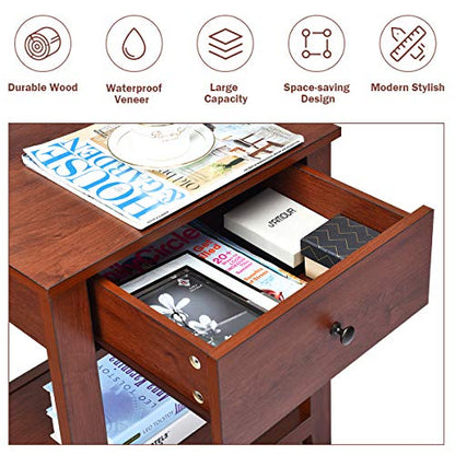 Giantex Nightstand Set of 2, Wooden 2-Tier End Table with Drawer and Storage Shelf, Versatile Bedside Tables, Modern Side Table for Bedroom, Living Room, Small Spaces, Easy Assembly, Walnut