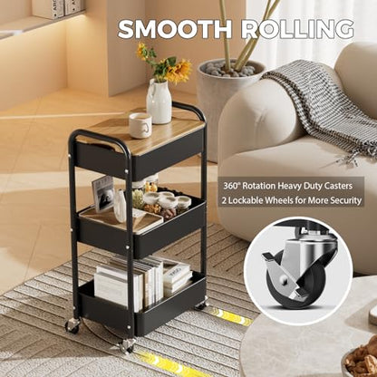 3 Tier Rolling Cart with Table top, Metal Utility Cart, Sturdy Storage Organizer Cart with Locking Wheels & Hooks for Office, Classroom, Kitchen and Bathroom - color: Black