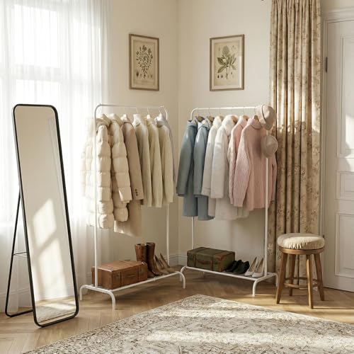 Small White Clothing Rack 2 Pack, Metal Garment Rack No Wheels, Free Standing Clothes Rack with Bottom Shelf for Hanging Clothes, Space Saving Closet Organizer for Bedroom, Laundry Room - color: White /2-Unit