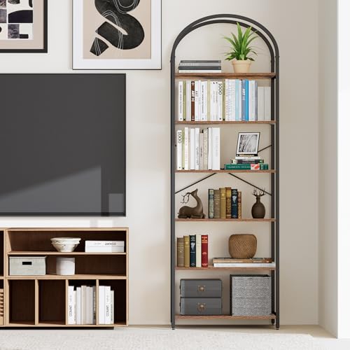 Homhedy 6-Tier Arched Bookshelf, Display Racks, Tall Book Shelf, 73.6" H | Wood and Metal Bookcase, Industrial Display Standing Shelf Unit, for Home, Office, Living Room, Bedroom, Rustic Brown - size: 6 Tier -23.6"W
