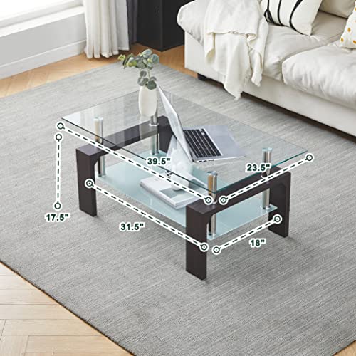 Btrpily Walnut Rectangular Coffee Table, 39.5in x 23.5in x 17.5in, Glass Tabletop with Lower Shelf, Adjustable Bottom Corners - color: Walnut