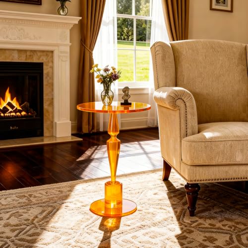 Acrylic Round Side Table, End Table Nightstand Pedestal Table for Living Room, Bedroom, Balcony (Orange, 15.7“×15.7”×21.7“) - color: Orange