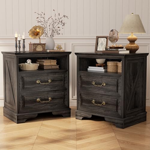 Unikito Farmhouse Bedside Tables Set of 2 with Charging Station, Gray Oak | Charging Station, 2 Large Drawers with Vintage Handles, Open Storage Side Table for Bedroom, Living Room, Home Office - color: Gray Oak, size: 2 PACK