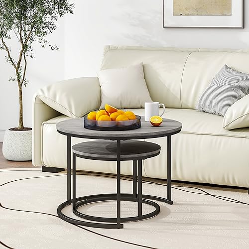 HOJINLINERO Round Nesting Coffee Tables Set of 2,Black+Warm Grey,Large | Center Tables for Living Room,Bedroom,Office,Home Small Space,Stacking Side Tables,Sturdy and Easy Assembly,Wood Desktop - color: Grey, size: Large