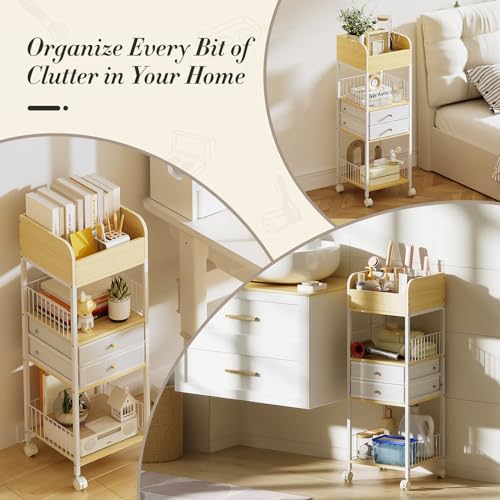 TidyStash Rolling Cart with Drawers 4-Tier Storage Cart with Large Drawers, Heavy-Duty Steel Frame and Wood Shelves Organizer for Makeup, Skincare Bathroom Kitchen Dorm Vanity Home Supplies - style: Tall - Double Drawer