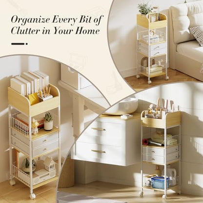 TidyStash Rolling Cart with Drawers 4-Tier Storage Cart with Large Drawers, Heavy-Duty Steel Frame and Wood Shelves Organizer for Makeup, Skincare Bathroom Kitchen Dorm Vanity Home Supplies - style: Tall - Double Drawer
