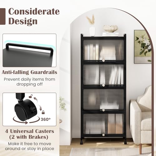 LDAILY 5-Tier Kitchen Storage Cabinet, Mobile Microwave Stand with Metal Frame, Double Anti-toppling Device, 4 Rolling Casters, Freestanding Bakers Rack for Kitchen, Dining Room, Living Room (Black) - color: Black