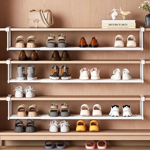 Under-Shelf Expandable Shoe Rack Organizer, White Metal, 40-70cm Width Adjustable, Cabinet Storage for Closet (2 Pcs)