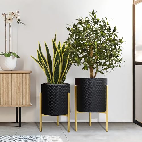LuxenHome 2-Piece Diamond Pattern Round Metal Cachepot Planter Set, Black Planter with Gold Stands Set of 2 Indoor Plant Pots Large Floor Plant Pot for Plants, NOT Waterproof - color: Black