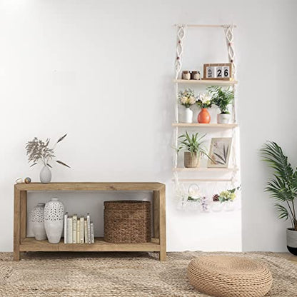 TENEWEE Macrame Floating Hanging Wall Shelf Boho Decor with Hooks | Handmade Cotton, Large Storage, Plant & Book Display, Bedroom, Living Room, Bath, Kitchen, Dorm, Vanity, Entryway - size: 3tier shelves