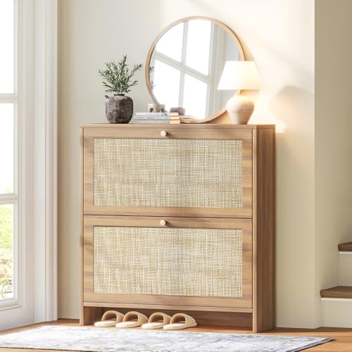 Nicetree Shoe Cabinet Storage for Entryway, 2-Flip Drawer Narrow Shoe Rack, Organic Modern Rattan Shoe Organizer with Gold Legs, Shoe Organizer Fits Men's Size 13.5, Toasted Caramel Walnut