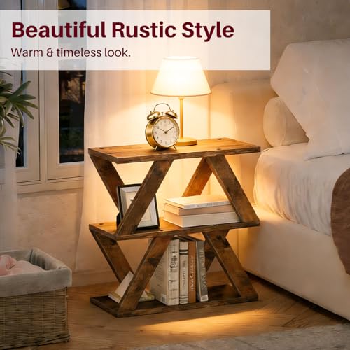 Set of 2 Side Table, 3 Tier Side Table with Side Guard Rails & Anti-Slip Pads, Narrow End Table for Small Spaces, Slim Nightstand with Storage Shelves for Bedroom, Living Room, Rustic Brown - color: Rustic Brown