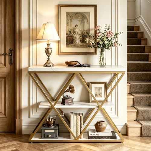 Garvee 3 Tier Console Table,39" Industrial Entryway Table,Open Wood Shelves | Sofa Table,Narrow Wood Accent Tables with Metal Frame for Hallway,Living Room,Behind Couch,Foyer,Entrance,White - color: White + X-shaped