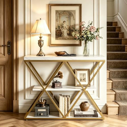 Garvee 3 Tier Console Table,39" Industrial Entryway Table,Open Wood Shelves | Sofa Table,Narrow Wood Accent Tables with Metal Frame for Hallway,Living Room,Behind Couch,Foyer,Entrance,White - color: White + X-shaped