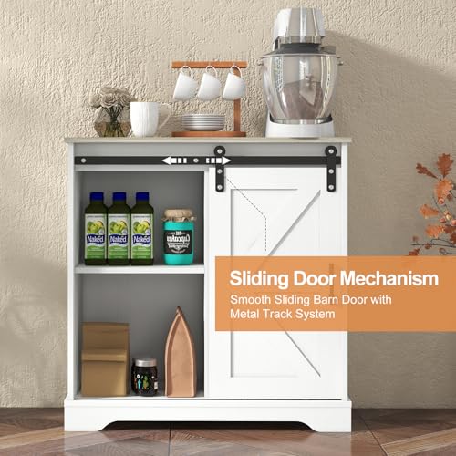 Panana Sliding Barn Door Buffet Sideboard Storage Cabinet Coffee Bar Kitchen Farmhouse Style (White Cabinet Nature Top) - color: White Cabinet Nature Top