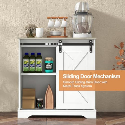 Panana Sliding Barn Door Buffet Sideboard Storage Cabinet Coffee Bar Kitchen Farmhouse Style (White Cabinet Nature Top) - color: White Cabinet Nature Top