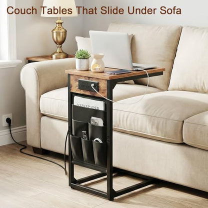 AMHANCIBLE C Shaped End Table with Charging Station, Couch Side Tables that Slide Under Sofa with Storage Bag, Slim TV Tray with USB Ports for Living Room, Bedroom, Rustic Brown HET04CBR - color: Rustic Brown