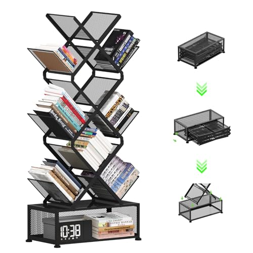 Gintan 9-Tier Space Saving Book Shelf with Storage,Bedroom Shelves Folding Bookshelves,No Installation Required Shelf Tree Metal Bookshelf for Living Room,Study,Home Office,Bed Room (Black) - color: Big Black