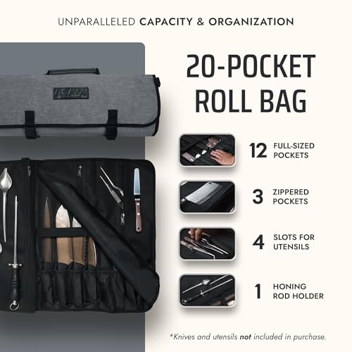 Asaya Waxed Nylon Chef Knife Roll Bag with 20 Slots and Zippered Pockets - Professional Chef Knife Bag & Storage Case, Tool Carrier with Shoulder Strap - Knives Not Included (Grey) - color: Gray