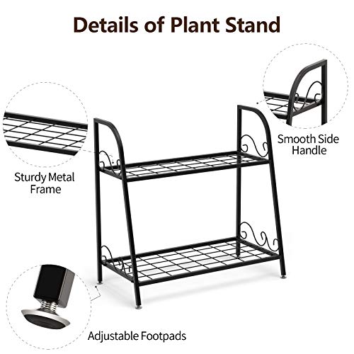 Giantex 2 Tier Metal Plant Stand, Indoor Outdoor Plant Shelf, Flower Rack Display Shelf, Flower Pots Holder with Adjustable Feet for Garden, Balcony, Living Room (2-tier (25'' x 12'' x 24.5''))