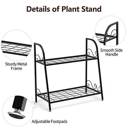 Giantex 2 Tier Metal Plant Stand, Indoor Outdoor Plant Shelf, Flower Rack Display Shelf, Flower Pots Holder with Adjustable Feet for Garden, Balcony, Living Room (2-tier (25'' x 12'' x 24.5''))