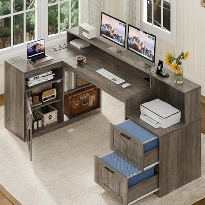 TVU Farmhouse L Shaped Desk with Drawers, 62.2" Home Office Desk with Storage Shelves and Power Outlet, L Shaped Computer Desk with Monitor Stand and Printer Shelf, Gray - color: Grey
