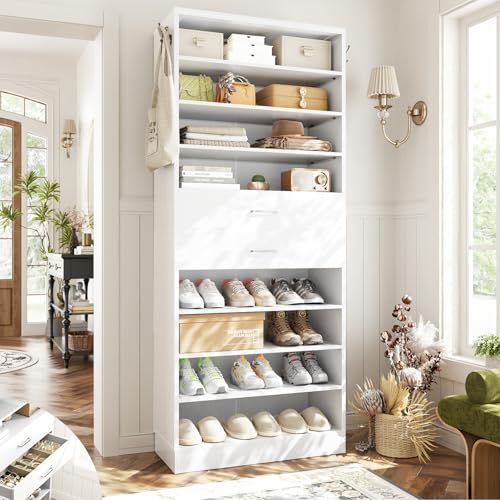 Aheaplus Tall Shoe Cabinet, 10 Tiers Wood Shoe Rack, Vertical Shoe Storage Organizer with 2 Drawers, Narrow Shoe Shelf Tower for 24-28 Pairs, Space Saving, for Closet, Entryway, Bedroom, White - color: White, size: 10 Tier (25.6"w)