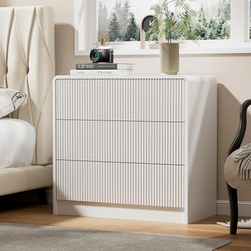 Furniway White Nightstand with 3 Drawers, 32" Modern Bedside Table with Storage, Large Night Stand for Bedroom - color: White, size: 15.7"D x 32"W x 29.7"H (1 Piece)