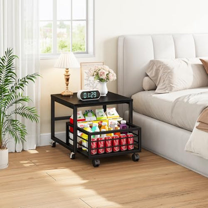 HOOBRO End Table, Mini Fridge Stand with Storage, Mini Fridge Table with Wheels and Adjustable Feet, Sturdy Metal Frame, for Living Room, Bedroom, Office, Black BB155TL01 - color: Black