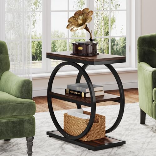 LITTLE TREE 3-Tier End Table Set of 2, Industrial Side Table with Storage Shelves, Small Sofa Side Table for Living Room, Wooden Side End Table with Round Metal Legs, Slim Nightstand and Bedside Table - color: Brown and Black