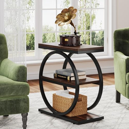 LITTLE TREE 3-Tier End Table Set of 2, Industrial Side Table with Storage Shelves, Small Sofa Side Table for Living Room, Wooden Side End Table with Round Metal Legs, Slim Nightstand and Bedside Table - color: Brown and Black