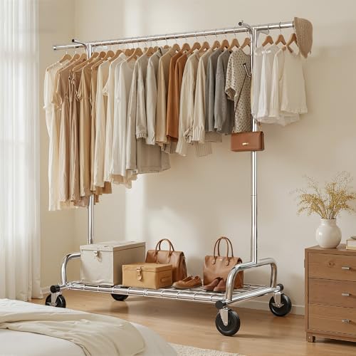 Raybee Heavy Duty Clothes Rack Rolling Garment Rack with Extra Hanging Hook | Expandable, Height Adjustable, Tool-free Assembly, 360° Lockable Wheels, Rolling Clothing Rack for Bedroom Laundry Room - color: Chrome, style: Mesh Shelf