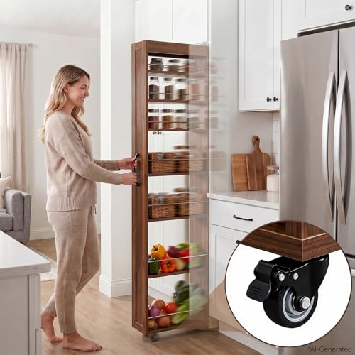 7-Tier Slim Mobile Shelving Cart with Wheels, Rolling Pantry with 7 Racks, Narrow Pull-Out Utility Cart, Space Saving Storage Organizer Carts for Kitchen Living Room Bathroom Narrow Spaces, Walnut - size: Walnut & 7.87"D x 17.72"W x 70.87"H