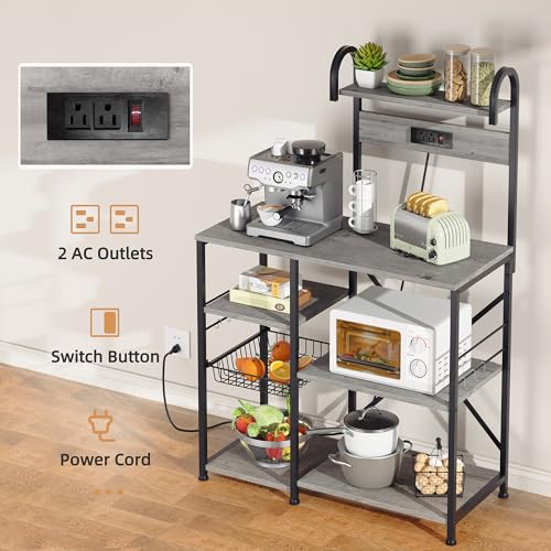 Shintenchi Kitchen Bakers Rack with Power Outlet, Multifunctional Organizer & Storage with 6 Hooks, Microwave Oven Stand, and Coffee Station Shelf, Black - color: Black