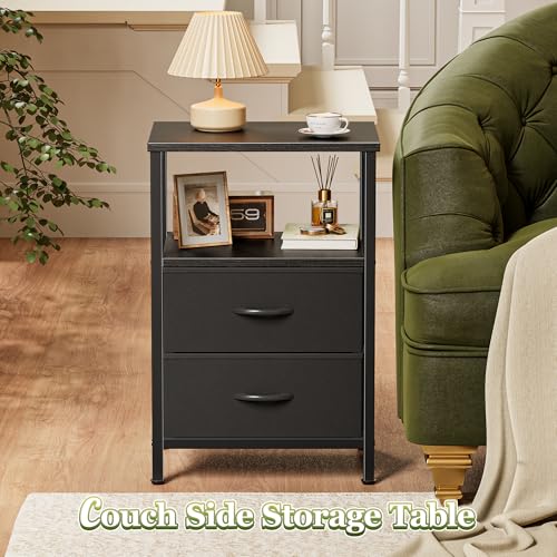 Huuger Night Stand with 2 Drawers, Bed Side Table with Open Shelf, Wooden Top, Nightstand for Bedroom, End Table for Small Space, Fabric Drawer, Black - color: Black
