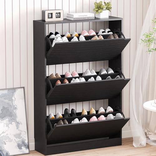 BORNOON Shoe Storage Cabinet with 3 Flip Drawers,Narrow Shoe Rack Cabinet,Freestanding Organizer Storage for Entryway, Hallway, Black - color: Black, size: 3 Drawers