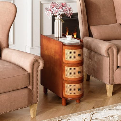 LITTLE TREE Solid Wood End Table, Rattan Narrow Side Table with 3 Drawers | Nightstand Bedside Tables for Living Room, Bedroom, Office, Bathroom, Brown - color: Brown