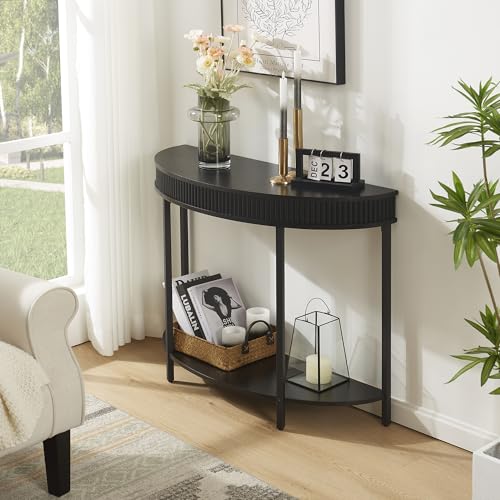 Fluted Half Moon Console Table, Modern 2-Tier Black Entryway Console | Sofa Back Table for Living Room, Hallway & Foyer (36" Width) - style: Basic