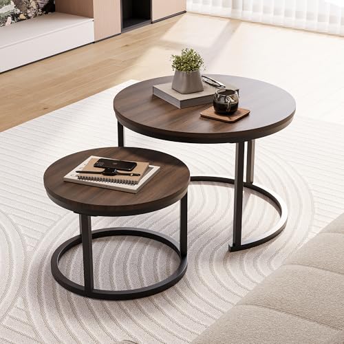 HOJINLINERO Round Nesting Coffee Table Set of 2,Walnut Coffee Table,Large | Center Table for Living Room,Small Apartment,Small Space,Stacking Side Tables,Wood Tabletop,Sturdy and Easy to Assemble - color: Walnut, size: Large