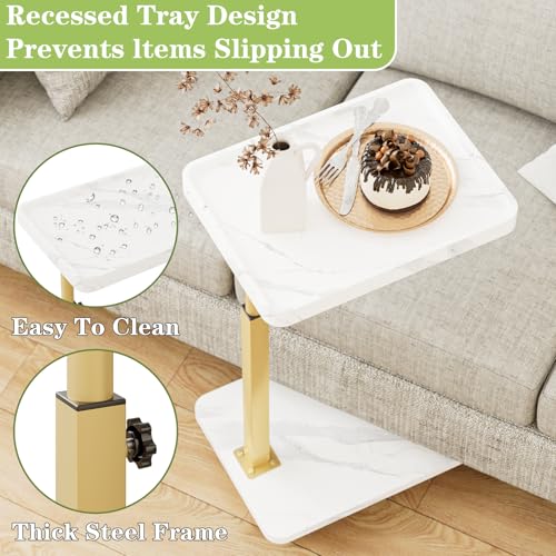 TV Tray Table, Adjustable Dinner Trays for Eating Table,360° Swivel& Sofa Armrest End Side Couch Snack Table for Sofa, Bedroom, Living Room, C Shaped End Table that Slide Under(White+Gold) - color: White Marble+gold
