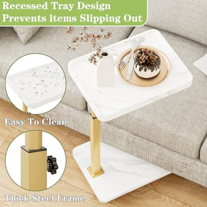 TV Tray Table, Adjustable Dinner Trays for Eating Table,360° Swivel& Sofa Armrest End Side Couch Snack Table for Sofa, Bedroom, Living Room, C Shaped End Table that Slide Under(White+Gold) - color: White Marble+gold