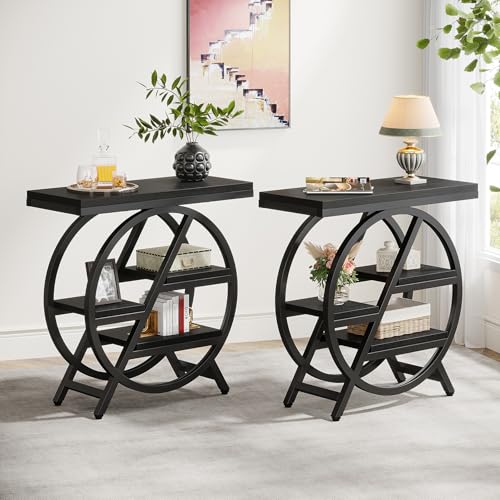 Tribesigns End Table Set of 2, 3-Tier Narrow Sofa Side Table with Storage for Living Room, Wood End Table with Geometric Metal Frame, Industrial Nightstand and Bedside Table for Bedroom, Black - color: Black
