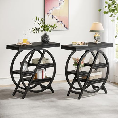 Tribesigns End Table Set of 2, 3-Tier Narrow Sofa Side Table with Storage for Living Room, Wood End Table with Geometric Metal Frame, Industrial Nightstand and Bedside Table for Bedroom, Black - color: Black