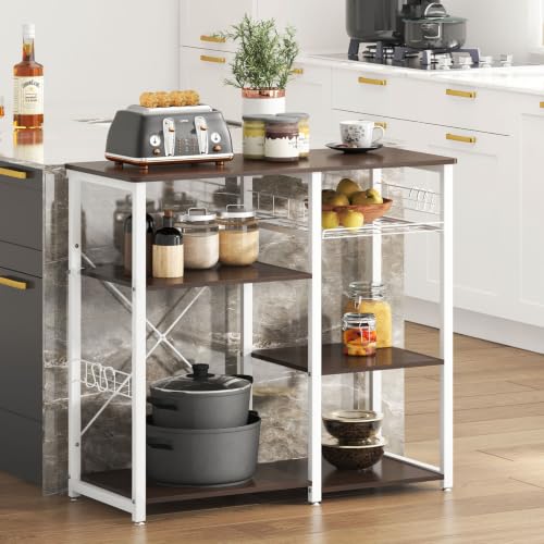 soges 3-Tier Kitchen Baker's Rack, Compact Microwave Stand, Walnut Black | Space-saving for Apartments, Kitchen, Pantry, Living Room, Sliding Storage Basket, 5 Hooks, Sturdy X-Frame, Easy Assembly - color: Walnut Black