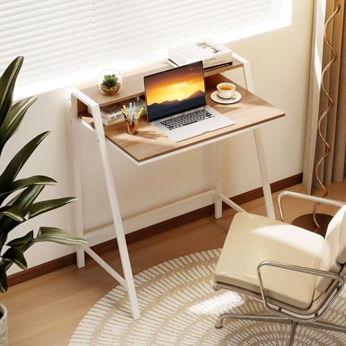 Giantex Small Computer Desk, 31.5" Compact Home Office Desk with Monitor Stand & Sturdy Frame, 2-Tier Space-Saving Study Writing Desk for Small Spaces, Apartment and Bedroom (Natural) - color: Natural
