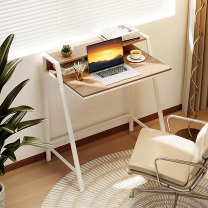 Giantex Small Computer Desk, 31.5" Compact Home Office Desk with Monitor Stand & Sturdy Frame, 2-Tier Space-Saving Study Writing Desk for Small Spaces, Apartment and Bedroom (Natural) - color: Natural