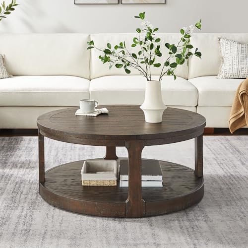 40'' Round Wood Coffee Table Circle Coffee Table with 4 Wheel for Living Room, Modern Retro Farmhouse Style, Easy Assembly, Dark Brown(ø40'' x 17.52'') - color: S1-ø40'' -Dark Brown